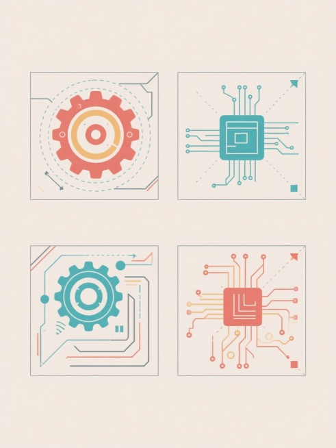 技术蓝图风格，四个不同配色、不同样式、不同风格的科技类元素，采用上下两行对齐排列，浅色背景，线条简洁流畅，轮廓清晰，带有虚线、箭头和几何图形装饰，整体呈现出工程制图的精准感与科技感，每个元素具有独特的齿轮、机械或电路板等科技特征，配色鲜明且对比协调，布局均衡有序，视觉层级分明，符合科技主题的严谨与创新氛围。预览效果