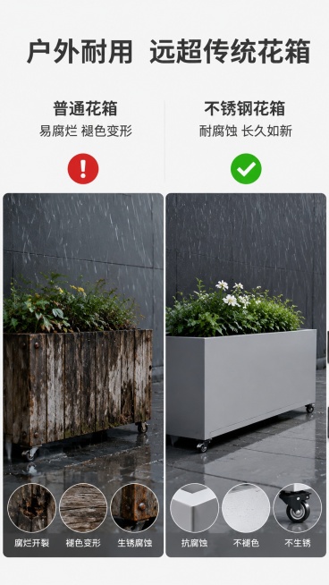 [第3屏] 户外耐候性测试展示页，展示不锈钢材质应对户外环境的优势，本屏使用【图1】作为商品主体。
[氛围/风格] 对比实验风，专业可信，清晰直观，商业实拍质感。
[元素布局] 左右对比，左格展示普通预览效果
