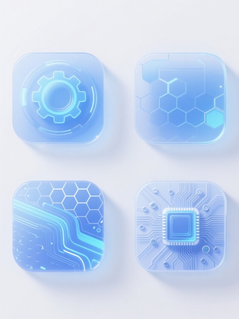 四个不同配色、不同样式、不同风格的科技类元素，以浅色背景为衬托，上下两行对齐排列；每个元素均采用半透明玻璃质感与蓝色科技光效相结合的设计，融合圆形齿轮结构、六边形蜂窝网格、流线型数据传输通道和立体电路板纹路等多样化科技元素，整体呈现出数字界面的未来感，线条精细流畅，光影层次丰富，高光与阴影过渡自然，营造出轻盈通透且富有科技动态的视觉效果。预览效果