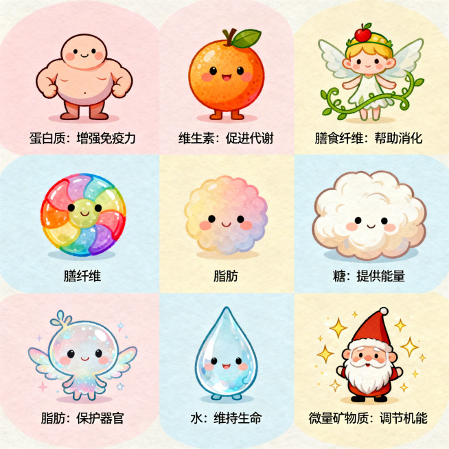 面向老年人的营养科普图，将蛋白质、维生素、膳食纤维、糖、脂肪、水、微量矿物质元素这七大营养元素设计成可爱卡通形象，每个形象旁配有简洁的作用说明文字，风格亲切易懂，色彩柔和温暖预览效果