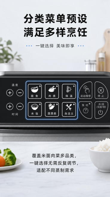 [第4屏] 菜单功能详解，展示多分类菜单一键操作优势。
[氛围/风格] 功能演示专业风，清晰直观展示菜单分类逻辑。
[元素布局] 本屏使用【图1】作为产品主体，放大产品按键区域展示在画面中心，突出面食预览效果
