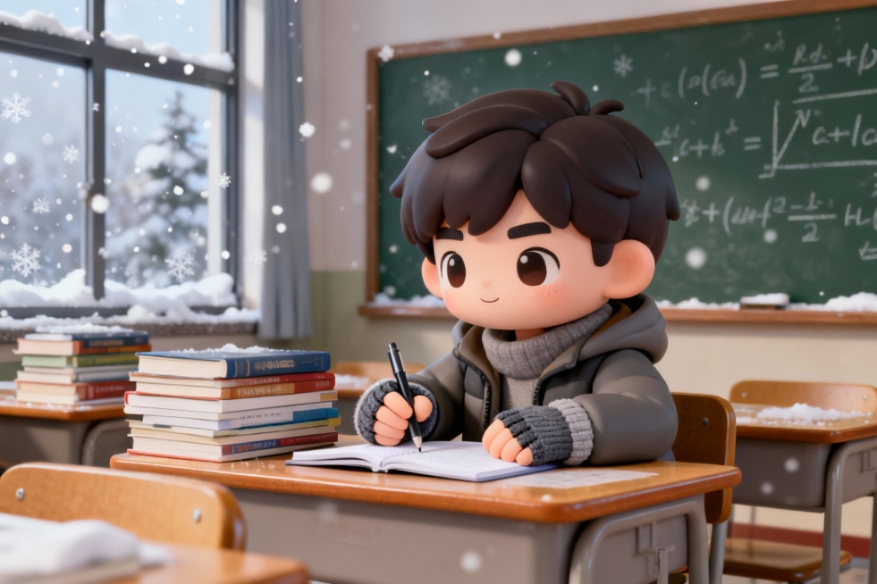 3d卡通效果，考研大学生形象，四种不同姿势，每种姿势生成一张图，共4张图，背景符合冬天校园场景，画面生动有故事感预览效果