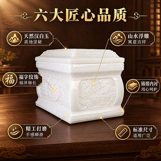 [主图-2] 核心亮点证明，主题：产品六大核心优势亮点导图，以产品为中心用引线标注各部位优势，理性传递价值。
[统一基调] 风格=中式庄重典雅商业摄影风；背景主色=深棕木色+暖金色光晕；标题字色=暖金色；辅助字色=米白色；强调色=暖金色；字体样式=宋体粗体主标题+宋体正文；卡片/边框=中式回纹细边框、圆角信息卡；整体光源=左前侧暖柔光。
[画面] 产品位于画面中央，占画面约55%，45度侧角展示，同时可见正面山水浮雕与侧面福字纹饰。以产品为中心，用6条细引线从不同部位向外延伸至对应的卖点图标与说明。背景为深棕色渐变，带细微中式云纹底纹。顶部居中放置主标题。6个引线卖点均匀分布在产品周围：左上、右上、左中、右中、左下、右下，形成环绕式布局。
[光影质感] 商业摄影质感，左前侧暖柔光，石材表面有温润光泽，浮雕层次分明，底部有自然接触阴影。引线末端有暖金色小光点作为定位标识，精致不突兀。
[配色] 主色=汉白玉白+深棕木色；强调色=暖金色（用于引线、光点、图标）；文字为米白色；背景深棕渐变。
[文字版式] 顶部主标题"六大匠心品质"，暖金色宋体粗体；6个引线卖点分别为：「天然汉白玉 质地坚硬」「山水浮雕 寓意吉祥」「福字纹饰 福泽绵长」「锦缎内衬 用心呵护」「精工打磨 手感顺滑」「标准尺寸 适用广泛」。每个卖点配小图标，文字横排，字号适中，清晰可读。
[输出要求] 1:1方图 2048x2048 2K分辨率；产品清晰不变形；引线标注准确不杂乱；文字清晰；负向：变形、错字、模糊、引线混乱、遮挡主体、水印、平台Logo、低俗元素。