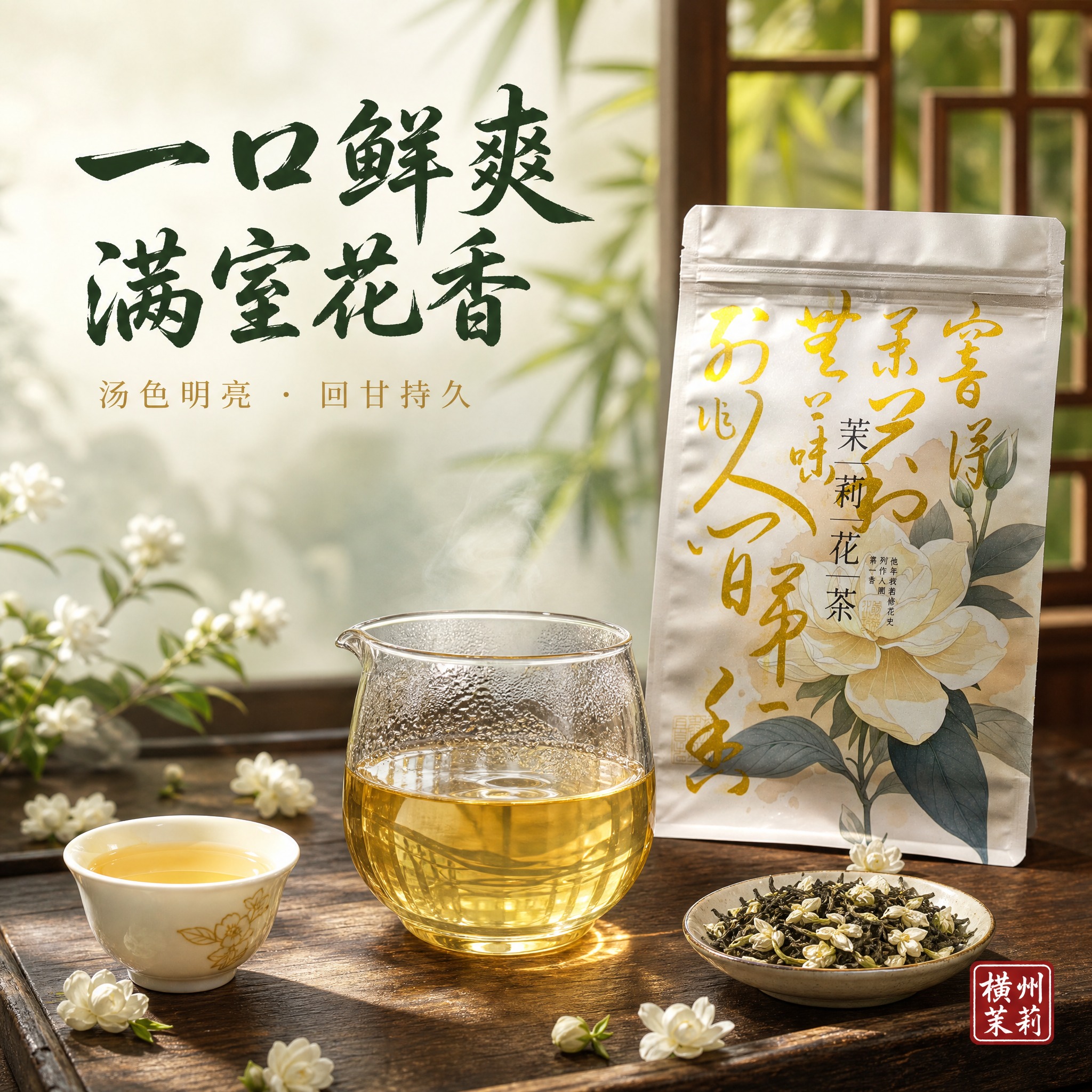 [主图-4] 横州茉莉花茶冲泡场景图，生活方式代入，展现茶汤与… - 图片创意预览