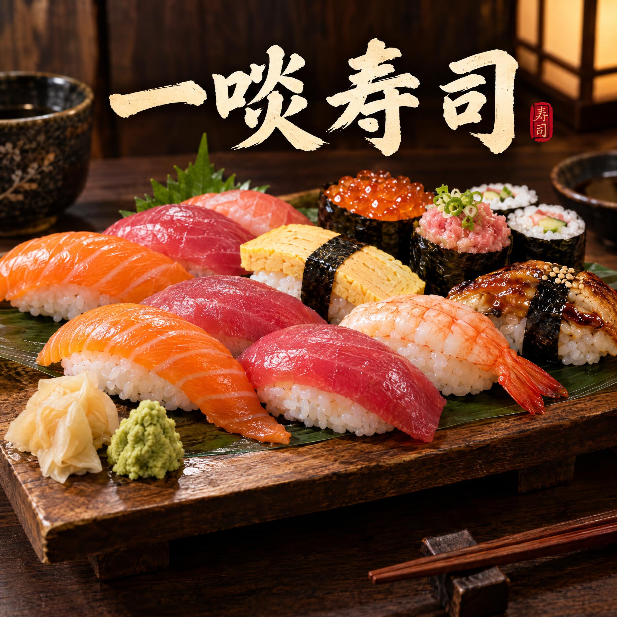 寿司店头像设计，店名"一啖寿司"，画面中央摆放精致的寿司拼盘，… - 图片创意预览