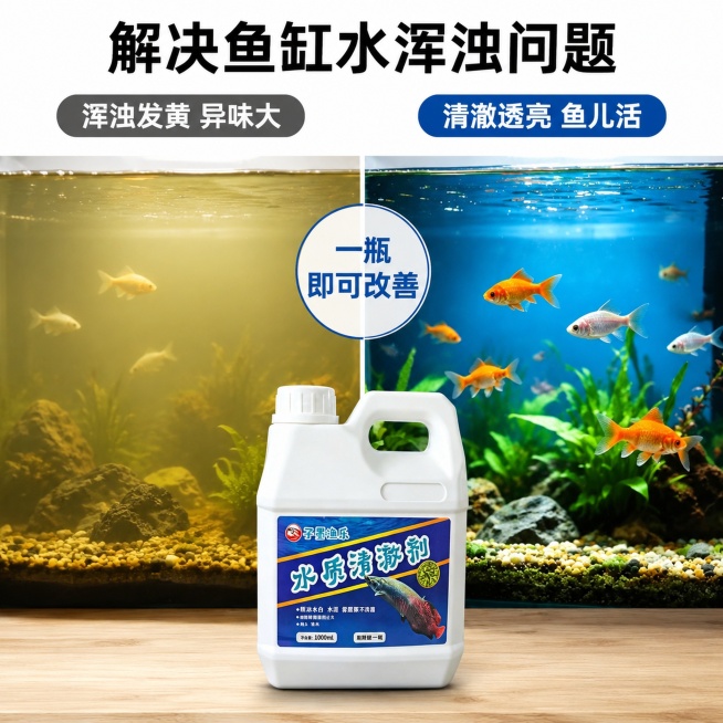 [主图-2] 效果证明-水质浑浊前后对比图。本屏使用【图3】作为商品主体。
[氛围风格] 直观对比，真实可信，干净简洁
[画质] 商业摄影质感、光线均匀通透、对比清晰
[元素] 左右分栏对比，左侧展示预览效果