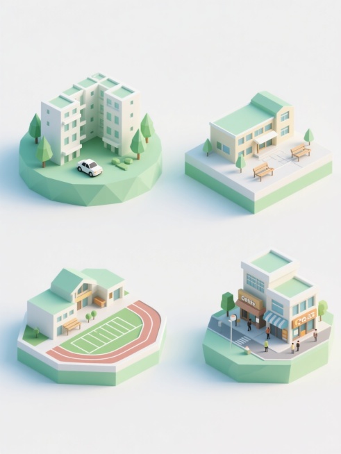 一系列四个不同造型的社区元素3D立体插画，每个元素保持统一的低多边形风格，使用清新的绿色和白色为主色调，柔和的顶部光源投射出轻微阴影，表面有细腻的渐变质感。第一个元素是圆形底座上的多层住宅楼群，搭配圆形树木和小汽车；第二个元素是方形基座上的社区活动中心，带有露天广场和长椅；第三个元素是六边形平台上的学校建筑群，包含教学楼和操场跑道；第四个元素是不规则基座上的商业街区，有商店、咖啡馆和步行街。所……预览效果