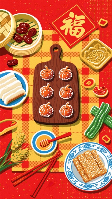 新春美食手绘插画，俯视视角，深棕木纹砧板（画面正中间竖摆）上是八枚糖瓜（裹白芝麻，表面泛糖光），周围分布着竹蒸笼装的枣泥年糕（砧板左上角，软糯粘牙）、瓷碟装的芝麻麻糖（砧板右下角，酥脆香甜）；搭配青绿预览效果