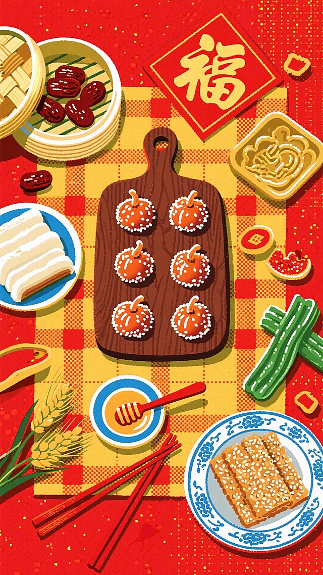 新春美食手绘插画，俯视视角，深棕木纹砧板（画面正中间竖摆）上是八枚糖瓜（裹白芝麻，表面泛糖光），周围分布着竹蒸笼装的枣泥年糕（砧板左上角，软糯粘牙）、瓷碟装的芝麻麻糖（砧板右下角，酥脆香甜）；搭配青绿麦芽糖条、蓝边小碟（盛蜂蜜）、红柄木筷，“福” 字红底金纹方贴、金色灶糖模具散落在画面；正红底色，底部衬黄红格纹餐布；物品密集排布、填满画面，画面暖糯饱满，凸显小年 “粘灶王嘴” 的甜香喜庆氛围。
