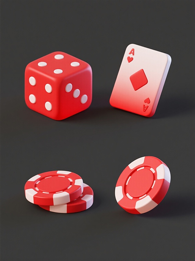 一组四个不同的红色游戏元素图标，包括骰子、扑克牌、筹码和游戏币，采用相同的3D立体风格，光滑的表面，渐变的红色调，白色的点，圆形的阴影，简洁的设计，规整地排列在纯色背景上，每个元素都有独特的形状和细节，整体风格统一，适合作为系列素材使用。