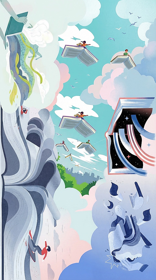 将五张书本主题插画合并为一张长条形图画，保持每幅作品的书本创意主题，整体画面风格统一参考第七张图的扁平插画风格，横版构图，配色协调统一