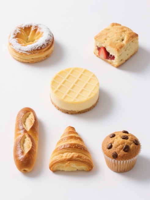 纯白背景上，以高清写实风格展示6款不同烘焙食品的系列素材集合，规整排布成两行三列。每款食品均具有细腻的纹理、金黄诱人的色泽和自然的光影效果：左上角是表面撒有白色糖粉的圆形丹麦酥，右上角是夹着草莓果酱的方形司康饼，中间上方是顶部呈网格状的圆形芝士蛋糕，左下角是表面有交叉纹路的长条形碱水面包，右下角是点缀着巧克力豆的圆形麦芬蛋糕，中间下方是层次分明的三角形牛角包。所有烘焙食品保持统一的高光泽质感和……预览效果
