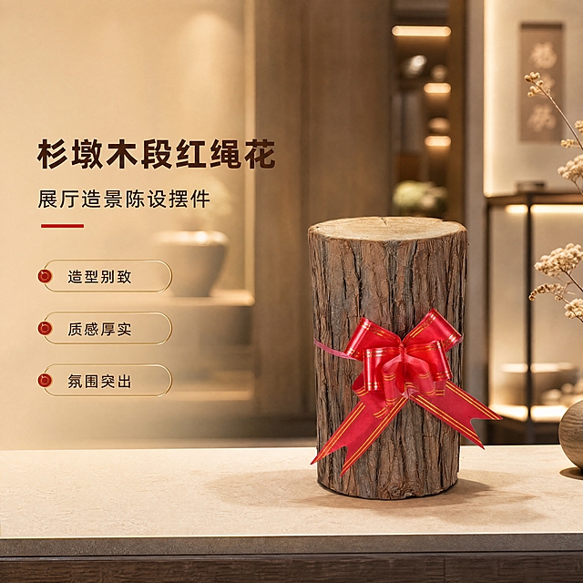 [商品] 使用【图1】高款杉墩木段红绳花摆件；保留杉木段圆柱形结构、树皮棕褐色纹理、顶部平整切面、红色金边蝴蝶结拉花、粉色细绑带，不改变商品形态和颜色。
[画面] 页面目标：氛围头图，突出产品雅致陈列气质。构图：商品居中偏右，占画面60%，放置在新中式展厅展柜台面上，左侧留白放文字；前景浅米色哑光台面，中景杉墩木段摆件，后景虚化的展柜与暖光射灯，右侧点缀一支干花枝条；营造展厅陈列的高级氛围感。
[视觉] 套系策略：风格=新中式雅致商业摄影；标题字=阿里巴巴普惠体粗体；正文字=阿里巴巴普惠体常规；主色=暖木棕；背景延展=基于暖木棕做深浅层级、米杏色渐变和哑光石材/木饰面质感；强调色=中国红，仅用于小面积标签、引线和标题点缀；标题色=深棕褐；正文色=暖灰棕；组件=圆角浅棕信息卡、细金线引线；光影=左前侧暖柔光，右侧轮廓光，台面柔和投影。
[文字] 左上区域文字：主标题"杉墩木段红绳花"，副标题"展厅造景陈设摆件"，下方3个短卖点"造型别致 / 质感厚实 / 氛围突出"；文字横排，不遮挡木墩主体和红绳蝴蝶结。
[规格] 图片比例1:1方版，分辨率4K，负向提示：避免变形、错字、文字过小、极限词（天然/环保/原生态/最好/第一）、淘宝违禁词、小标致图案、冷蓝背景、商品颜色改变、树皮纹理失真。