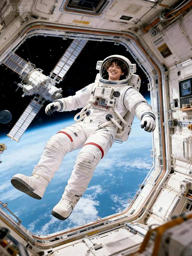 画面里的这个男生在面向镜头，漂浮在空中打招呼，背景是宇宙空间站。男生用普通话热情祝福：「九天揽星贺马年，星河送福满人间！我在空间站与大家一起迎新年，祝大家事业有成、万事胜意！」，整体画面年味浓郁、氛围感拉满，光影温暖喜庆，适配春节新春氛围。