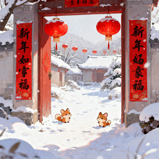 瑞雪迎新春主题的新年插画，画面覆盖着皑皑白雪的雪景，挂着喜庆的红色灯笼，两侧贴着红色的新春对联，雪地上有可爱的小动物，整体氛围热闹喜庆，年味十足，新年传统风格预览效果
