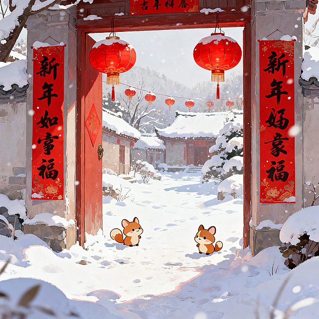 瑞雪迎新春主题的新年插画，画面覆盖着皑皑白雪的雪景，挂着喜庆的红色灯笼，两侧贴着红色的新春对联，雪地上有可爱的小动物，整体氛围热闹喜庆，年味十足，新年传统风格