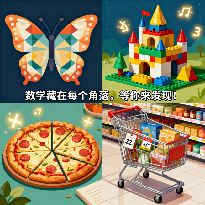 画面分割为四个生活场景小图，左上是蝴蝶翅膀上的对称几何图案，右上是乐高积木搭建的城堡体现立体几何，左下是被切分成扇形的披萨体现分数概念，右下是超市购物车里带有价格标签的商品体现算术应用，每个场景旁边都预览效果