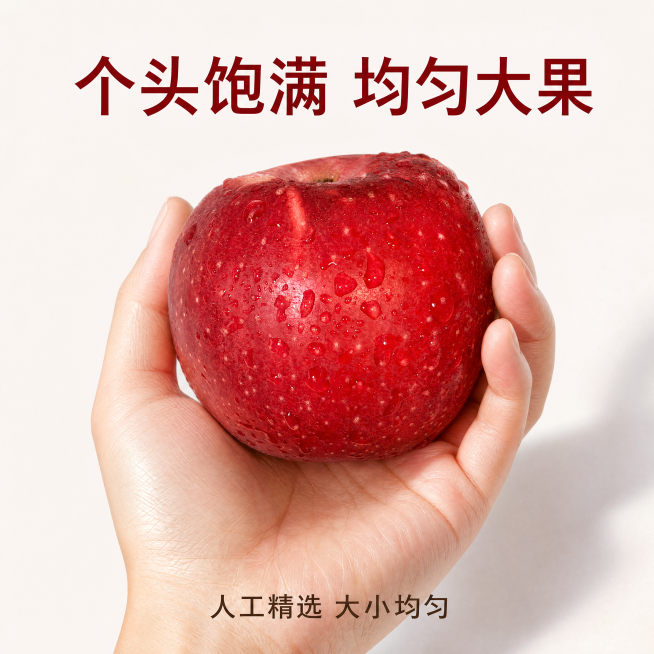 [主图-5] 红玫瑰苹果大小对比展示
[氛围风格] 真实直观，凸显品质
[画质] 商业摄影质感，光线柔和通透，产品清晰真实，画面干净高级
[元素] 保持红玫瑰苹果外观与输入产品图绝对一致，展示一颗手掌预览效果