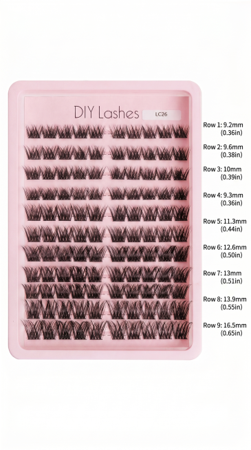 [Main Image 5] Mixed lengths size chart of LC26 DIY false eyelashes. Product plate centered on clean预览效果