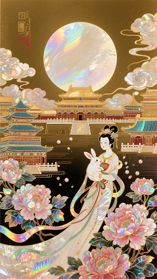 全景构图，远景是一轮圆月，在画面正中间，近景是飘逸的嫦娥抱着玉兔，故宫和古今建筑群，近景是牡丹花环绕，整体画面有祥云，喜庆的氛围，暖金色调