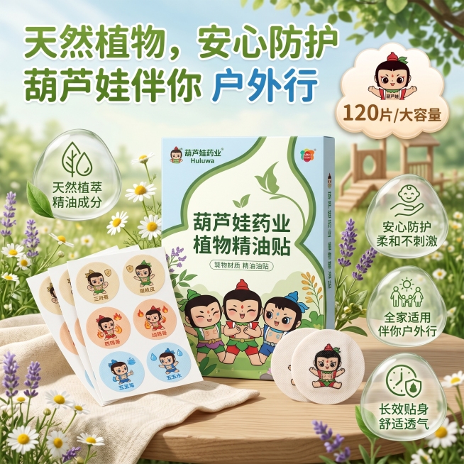 生成拼多多电商主图，商品是葫芦娃药业植物精油贴，参考图提供布局风格，不能和参考图太相似，设计要与众不同，突出天然植物、安心防护的卖点，整体风格清新自然，适合母婴品类，比例1:1预览效果