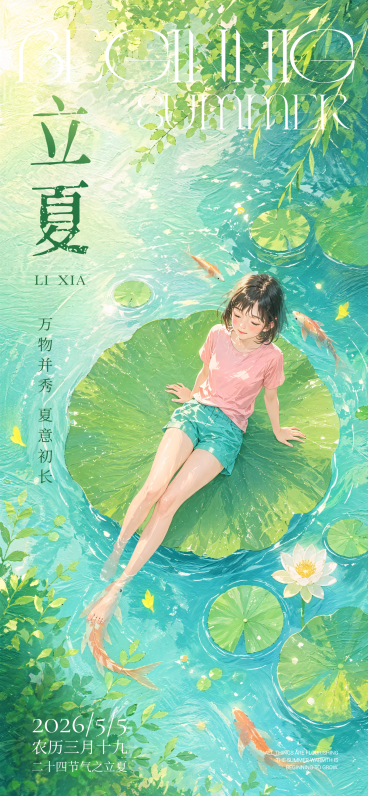 青绿色水彩肌理插画女孩池塘夏日立夏夏至氛围海报预览效果