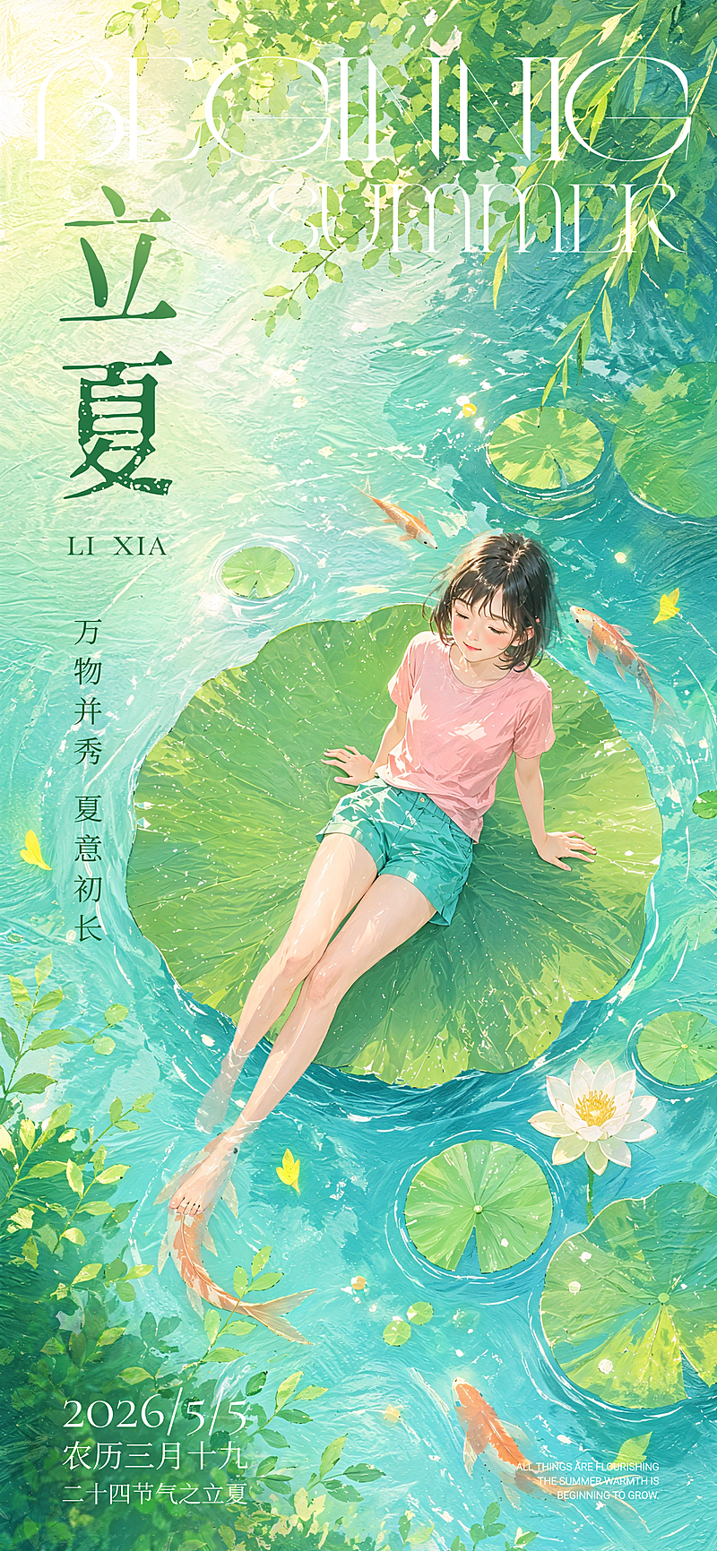 青绿色水彩肌理插画女孩池塘夏日立夏夏至氛围海报