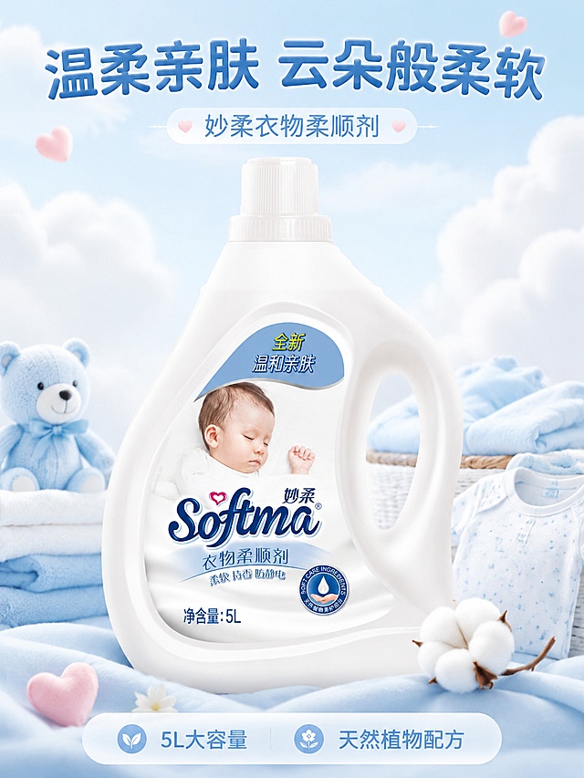 [第1屏] 详情页头图-妙柔温和亲肤衣物柔顺剂产品海报，本屏使用【图1】作为商品主体。
[氛围/风格] 温馨母婴风格，浅蓝调柔和氛围，商业高清摄影质感，干净清爽，符合抖音电商内容调性。
[元素布局] 柔顺剂产品置于画面中心偏上位置，占比约65%-70%；保留产品原包装的结构、颜色、文字信息完全一致；背景搭配干净柔和的浅蓝渐变棉柔质感背景，增加婴儿衣物元素点缀，突出温和亲肤定位。
[光影质感] 正面柔光均匀照明，产品边缘自然柔和阴影，瓶身保留清晰高光，整体明亮通透。
[配色色系] 全局底色 #F5F9FC；主色浅蓝柔白；辅助色淡粉色点缀婴儿元素。
[视角构图] 正面平视视角，产品为绝对视觉中心，阅读动线从上到下自然流畅。
[文字版式] 顶部主标题「「温柔亲肤 云朵般柔软」，副标题「妙柔衣物柔顺剂」，主标题字体圆润加粗居中，副标题浅色小字衬托；底部信息条标注「5L大容量 天然植物配方」；所有文字清晰不遮挡产品主体。
[比例分辨率] 3:4 竖版比例，4K分辨率，文字清晰可辨，高清画质。
[负向提示词] 产品变形，缺件错件，包装文字错乱，颜色偏差，水印，文字过小，背景杂乱，极限词。