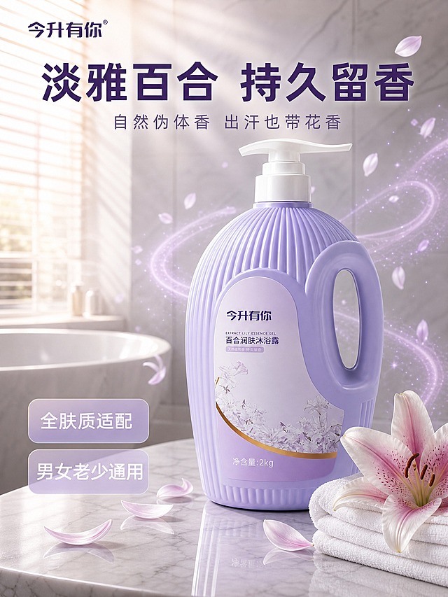 [主图-1] 首图品牌调性 淡雅百合持久留香主题。
[统一基调] 高级香氛沐浴质感 淡紫柔金配色 浴室柔光氛围 主标题用干净非衬线粗体深紫色 辅助文案用浅紫色细体 图标卡片用圆角半透明紫底白字 整套统一视觉语言。
[画面] 今升有你百合润肤沐浴露紫色大瓶按压泵装居中偏右 瓶身标签完整清晰 正面微侧45度视角 放置在大理石台面上 左侧前景散落真实百合花瓣 右下角叠放白色毛巾与一朵盛开的粉百合 背景是朦胧的浴室空间 左侧有百叶窗透进的暖金色光束 空气中漂浮淡紫色香气光带与花瓣粒子 左上角放置今升有你品牌Logo 产品占画面约65%。
[光影质感] 商业摄影质感 左上方自然窗光为主光源 右侧柔和补光 瓶身呈现通透紫色塑料质感与细腻竖纹肌理 台面有清晰倒影与接触阴影 整体通透柔润 高级3D渲染质感。
[配色] 主色淡紫色 辅助色柔金色与白色 背景浅灰紫渐变 场景色为暖调浴室自然光。
[文字版式] 画面上方居中大标题"淡雅百合 持久留香" 深紫色粗体最大字号 标题下方小字"自然伪体香 出汗也带花香" 浅紫色细体 左下角两个圆角半透明紫底卡片 分别写"全肤质适配""男女老少通用" 白色字体 文字不遮挡产品主体 放在负空间。
[输出要求] 比例3:4 文字清晰可读 产品清晰不变形 无错字 无水印 无平台Logo 画面干净高级。