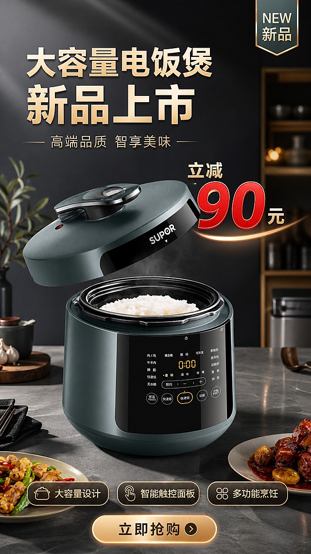 高端大气的电饭煲新品上市电商海报，9:16竖版。画面中下部为苏泊尔墨绿色大容量电压力锅产品，100%还原上传商品图的产品外形、结构、比例、品牌logo、智能触控面板、颜色与材质质感，以上传图为唯一商品主体来源，设计仅作用于背景、光影、道具、版式和文字区。产品占画面约55%-65%，文字不遮挡主体。

背景采用高级深灰渐变搭配轻奢厨房场景氛围，柔和侧前方自然光，产品底部有精致投影，整体高端大气上档次。

画面上方主标题大字："大容量电饭煲 新品上市"，副标题："高端品质 智享美味"。

右上角"NEW 新品"标签。

画面中部偏右位置突出促销信息："立减90元"，数字"90"放大醒目，金色或红色强调。

下方三个卖点短标签："大容量设计"、"智能触控面板"、"多功能烹饪"。

底部CTA按钮："立即抢购"。

版式精美，层级分明，配色以深灰、墨绿、金色为主，高端商业摄影质感，超高清画质，2K分辨率。

画面中所有数字必须精确渲染，不得错位、遗漏或编造。画面中所有信息区域必须填充完整合理的内容，不得出现空白框、空白占位。