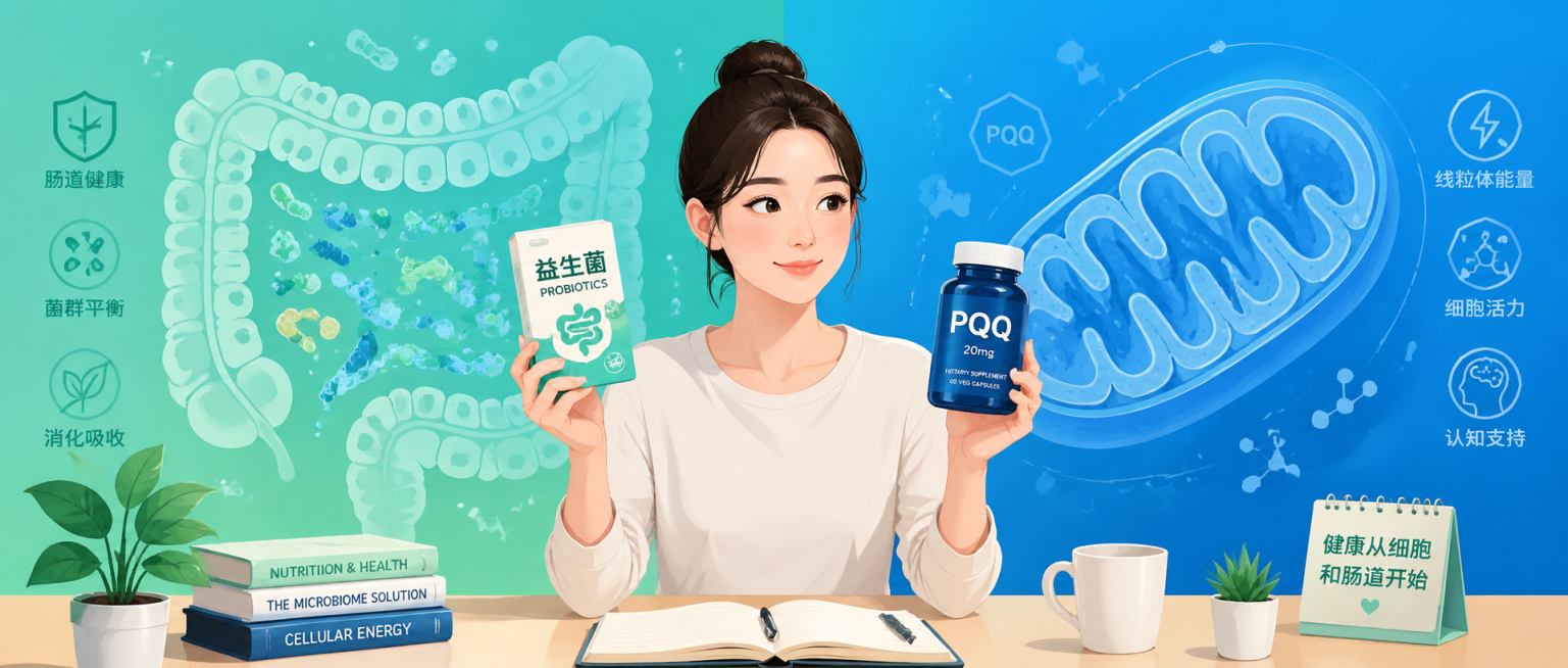 一位年轻女性坐在书桌前，左手拿着一盒益生菌，右手拿着PQQ补充剂瓶，表情从容期待。背景一半是肠道细胞剪影，一半是线粒体结构图，蓝绿渐变色调，扁平插画风格预览效果