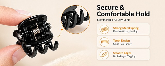 [商品] 使用【图1】【图2】的黑色迷你小抓夹；保留抓夹的亮面黑色、爪形结构、金属弹簧、齿梳夹口、开合结构；商品处理：增强弹簧金属光泽与塑料亮面质感，清晰展示内部弹簧与齿梳细节，结构不变形。
[画面] 目标：核心卖点页，突出舒适佩戴与稳固夹持功能。左图右文构图，左侧产品特写占55%，右侧文字区占45%；左侧为抓夹开合状态的微距特写，一只欧美女性手指轻捏抓夹展示弹簧弹性，背景为浅米色渐变，抓夹旁有圆形放大框展示齿梳细节；右侧配3个图标化卖点卡片；产品主体占画面约40%。
[视觉] 套系策略：风格=跨境极简高级商业摄影；标题字=现代无衬线粗体；正文字=简洁无衬线体；主色=暖黑+浅米杏；背景延展=基于浅米杏做深浅层级、同色渐变和细腻纸张/织物质感；强调色=暖橙色，仅用于小面积图标、引线和标签；标题色=深炭黑；正文色=中暖灰；组件=圆角浅底信息卡、细线引线、圆形产品放大框；光影=左前侧暖柔光，柔和自然阴影。
[文字] 右上主标题"Secure & Comfortable Hold"，副标题"Stay in Place All Day Long"，下方3个卖点卡片带图标：1. Strong Metal Spring - Durable & Long-lasting 2. Teeth Design - Grips Hair Firmly 3. Smooth Edges - No Pulling or Tugging；文字横向排版，卡片式布局，不遮挡产品主体。
[规格] 图片比例61:25横版，4K分辨率，亚马逊高级A+电脑端；避免变形、错字、文字过小、亚洲面孔、冷蓝/蓝灰背景、抓夹颜色改变、结构失真、绝对化宣传语。
