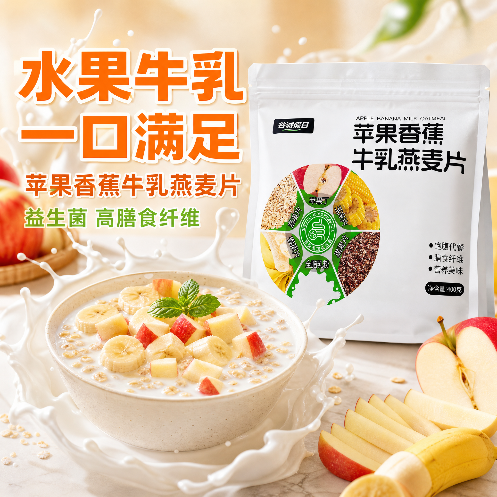 苹果香蕉牛乳燕麦片首图，水果牛乳风格，抖音强视觉冲击，1比1正… - 图片创意预览