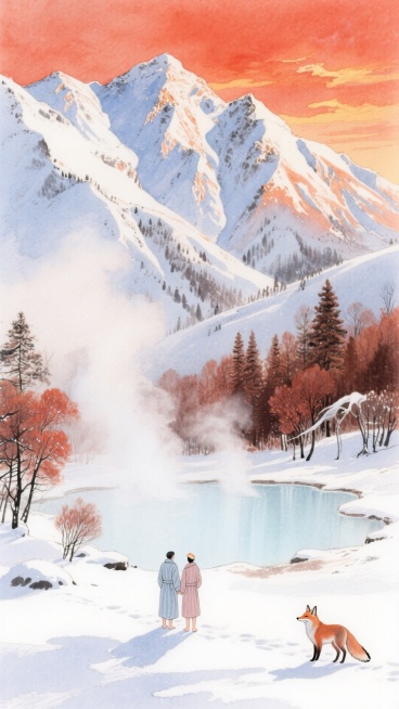背景是陡峭的雪岭，积雪堆叠的岭峰出现在橙红色霞光下，中景是一汪乳白的温泉湖，周围环绕着氤氲的蒸汽林，部分树木呈现出红褐色，前景有一对穿着浴袍的游客在雪地上驻足，右下角有一只雪狐。预览效果