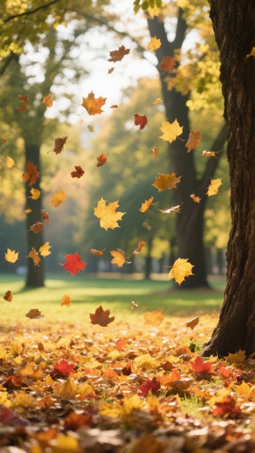 秋季公园的写实摄影，地面铺满金黄色和橙红色的落叶，阳光透过茂密的绿树洒下斑驳光影，大量枫叶和橡树叶在空中飞舞飘落，形成动态的秋日氛围，背景中可见粗壮的树干和模糊的绿色草地，整体色调温暖明快，光影对比柔和，细节清晰展现落叶的纹理和质感，营造出宁静而充满生机的秋日景象。预览效果