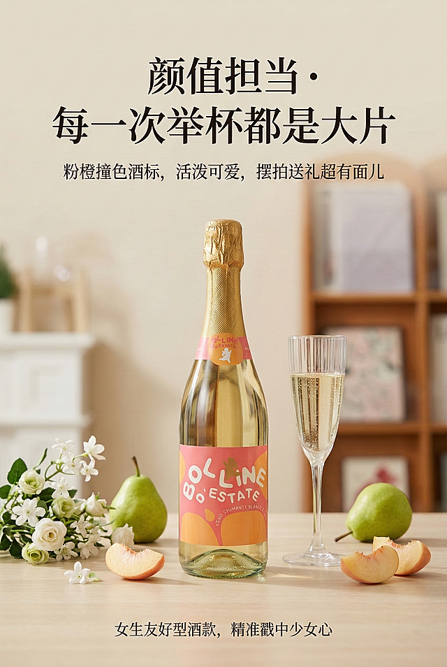 场景体验（上）页：主标题“颜值担当・每一次举杯都是大片”大字号艺术字体，副标题“粉橙撞色酒标，活泼可爱，摆拍送礼超有面儿”中号常规字体，底部小字“女生友好型酒款，精准戳中少女心”；全屏ins风场景，产品瓶身与高脚杯置于木质桌面，搭配白色鲜花、青梨、浅橙水果切片，背景浅米色墙面；中心对称式排版，文字简洁不抢镜；色彩占比主色60%、辅助色30%、点缀色10%，留白率不低于30%，2K高清，竖屏2:3比例