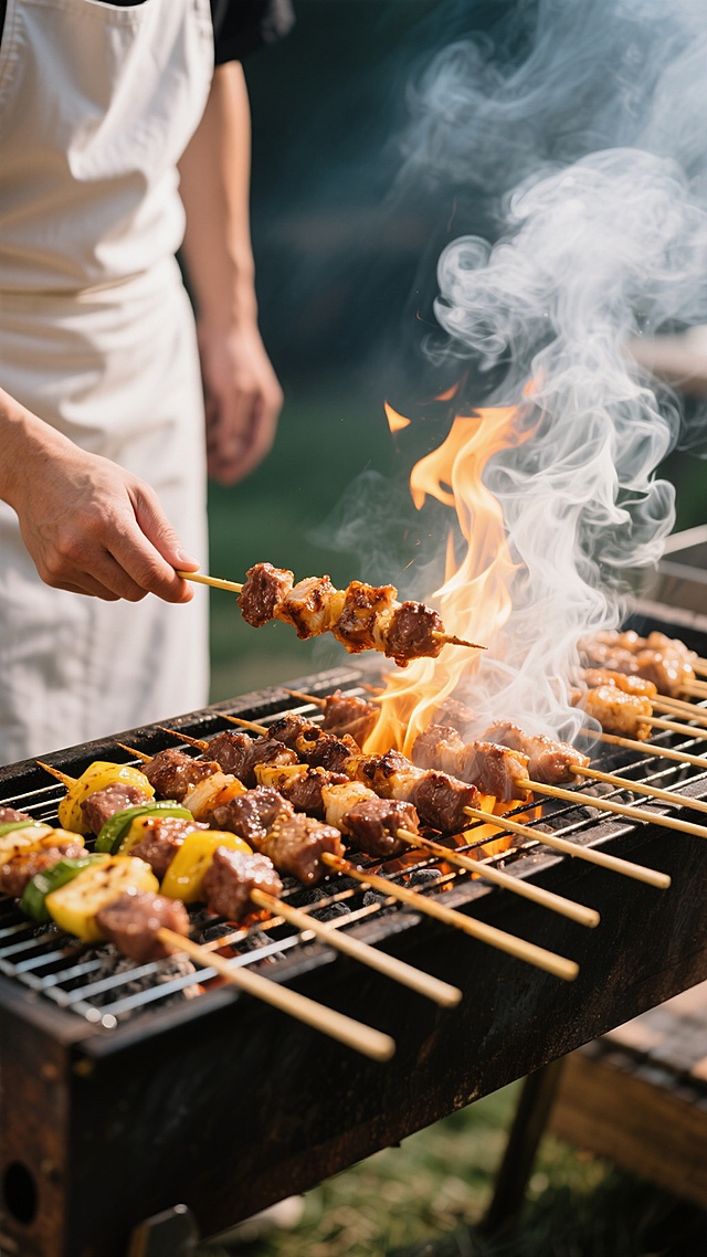 专业美食摄影风格，特写镜头，一位穿着白色围裙的厨师正在户外炭火烤架上翻动烤串，鲜嫩的肉块与金黄的烤蔬菜串在炭火上滋滋作响，火焰跳跃，白色的烟雾缭绕升腾，烤串表面呈现诱人的焦糖色和油光，肉质饱满多汁，烤架上整齐排列着多串不同种类的烤串，背景略微虚化突出主体，整体色调温暖，光影对比强烈，高光处明亮耀眼，阴影细节丰富，营造出热烈、诱人、充满烟火气的烧烤氛围，展现烤串的美味与烹饪的动态过程。