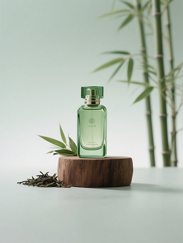 绿色调高端香水特写，放在圆润的棕色原木块上，环绕着茶叶和竹叶，背景是柔和的淡绿色渐变背景