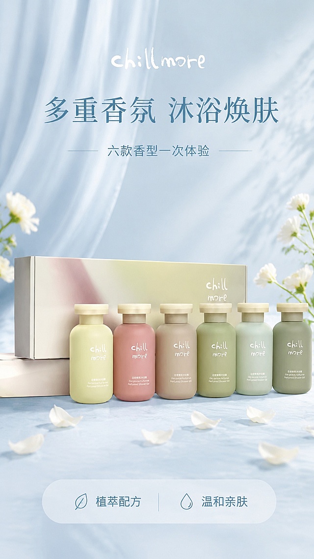 [第1屏] 详情页头图-chillmore且悠香氛沐浴露六支体验礼盒宣传海报。本屏使用【图1】作为商品主体。
[氛围/风格] 清新自然ins风，浅蓝柔雾背景，高级氛围感，商业摄影质感。
[元素布局] 礼盒与六瓶沐浴露居中展示，占比约70%；背景搭配淡色浴帘肌理，点缀少许新鲜香薰花瓣；保证瓶身结构、颜色、logo文字与输入产品图完全一致。
[光影质感] 顶部柔光漫射，产品下方形成柔和自然投影，瓶身哑光质感清晰，整体通透明亮。
[配色色系] 全局底色 #EEF4F8，主色浅雾霾蓝，辅助色保留产品原有马卡龙色系，点缀浅米白色文字块。
[视角构图] 正面平视，产品组合为绝对视觉中心，阅读动线从上到下自然流畅。
[文字版式] 版式为顶部标题 + 中部产品 + 底部信息条。主标题「多重香氛 沐浴焕肤」，副标题「六款香型一次体验」，居中对齐；底部信息条「植萃配方 温和亲肤」，文字不遮挡产品主体，字体清晰。
[比例分辨率] 9:16竖版比例，4K分辨率，文字清晰可辨，高清画质。
[负向提示词] 瓶身变形，缺件错件，颜色偏差，包装文字错乱，水印，文字过小，背景杂乱。