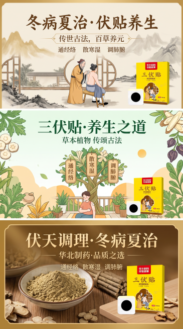 三伏贴养生海报，尺寸1080*1920，突出三伏贴核心要领，产品包装盒占画面比例不超过三分之一，画面好看和谐，生成三种不同风格预览效果