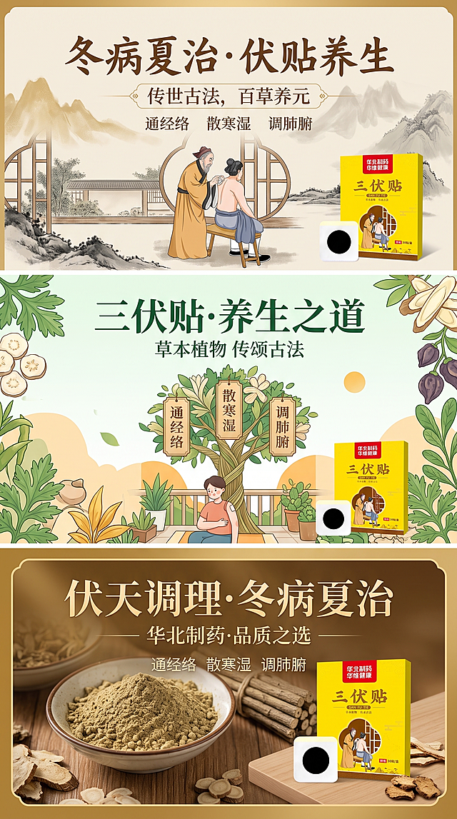 三伏贴养生海报，尺寸1080*1920，突出三伏贴核心要领，产品包装盒占画面比例不超过三分之一，画面好看和谐，生成三种不同风格