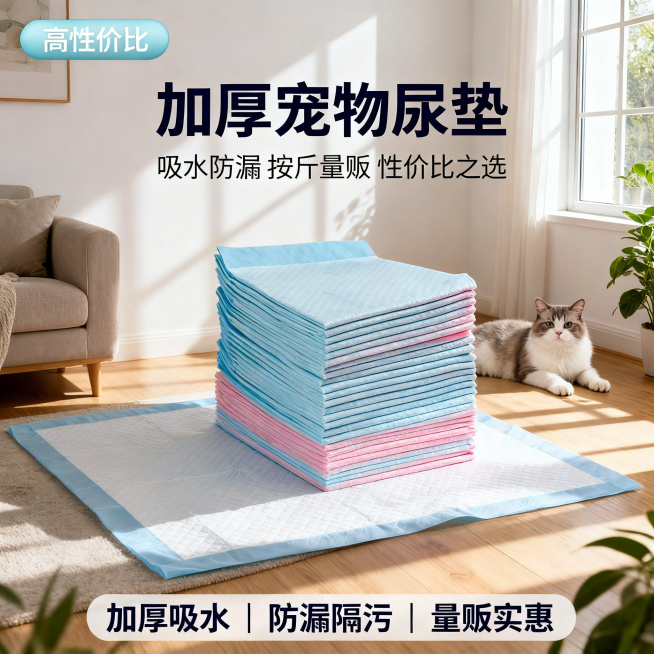 [主图 1] 宠物尿垫首图场景展示
[主图主题] 加厚吸水宠物尿垫首图
[氛围/风格] 清新宠物友好氛围，干净明亮，温馨真实养宠场景
[画面元素] 堆叠的蓝粉色宠物尿垫居中放置在画面中心，占据约60%预览效果