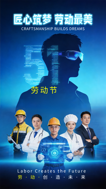 五一劳动节科技全息质感风企业展示竖版海报预览效果