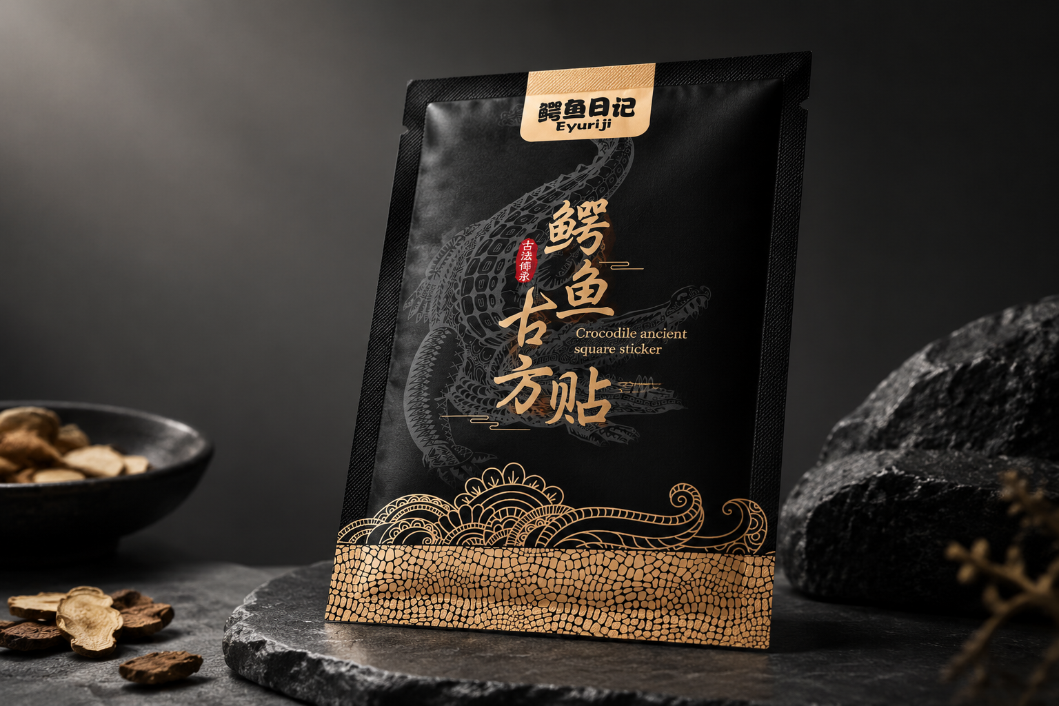 基于参考图中的鳄鱼古方贴膏贴包装设计，生成一张膏贴产品效果图。… - 图片创意预览