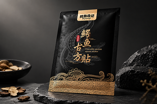 基于参考图中的鳄鱼古方贴膏贴包装设计，生成一张膏贴产品效果图。画面主体是一包独立包装的鳄鱼古方贴膏贴，呈轻微透视角度，包装正面完整展示黑色底色、金色鳄鱼图案、"鳄鱼古方贴"金色书法字体、"鳄鱼日记 Eyuriji"品牌标识、底部金色波浪纹和鳄鱼皮纹理，印哑金工艺质感，包装有真实的纸张厚度和轻微立体感。背景为简洁的深灰色渐变，柔和侧光打在包装上形成自然光影，高端中医养生产品风格，商业产品摄影质感，高清细节，画面干净高级