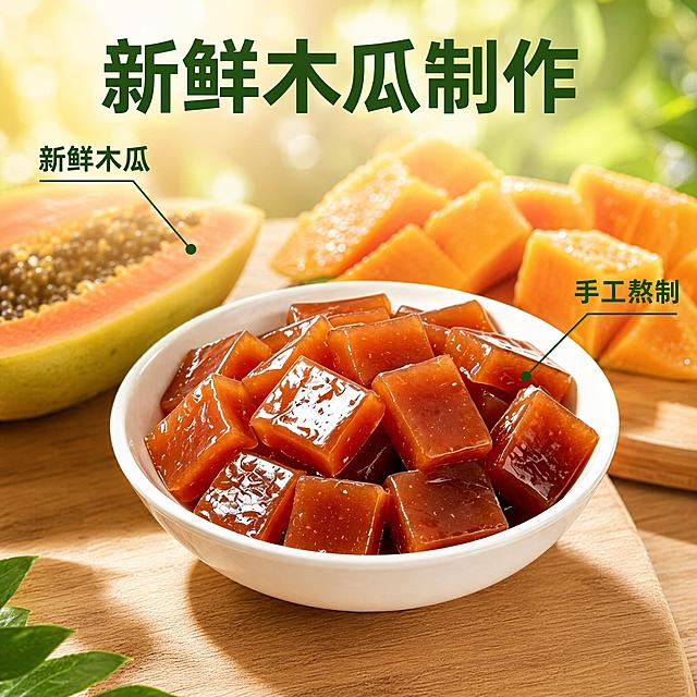 [主图-2] 木瓜糕细节产地溯源，建立信任
[氛围风格] 真实自然，清新产地氛围
[画质] 商业摄影质感、光线柔和通透、产品清晰真实、画面干净高级，高清写实
[元素] 主体为碗装木瓜糕，背景融入新鲜木瓜鲜果切块场景，木瓜放在浅木质案板上，自然摆放。保持木瓜糕方块的外观形状、颜色光泽、质感与输入产品图一致，杜绝任何变形和色差，精细化处理，不出现包装。用引线标注核心特点，指向木瓜糕和鲜果。
[光影] 自然暖阳逆光，通透不灰蒙，突出鲜果和糕点的新鲜质感
[配色] 主色木瓜红棕，辅色木瓜果肉鲜黄，浅木色背景，清新自然
[视角构图] 四分之三平视，主体突出，前后景分层
[文字版式] 顶部大字“新鲜木瓜制作”，深绿色粗体；左侧引线标注“新鲜木瓜”指向鲜果，右侧引线标注“手工熬制”指向木瓜糕，文字简洁清晰，不遮挡主体。
[输出要求] 1:1 比例，文字清晰可辨，超高清商业美食摄影质感，图片中不要出现包装
[负向提示词] 畸形,扭曲,模糊,塑料质感,过度发光,卡通,二次元,水印,多余文字,杂乱杂物,AI绘画瑕疵,不自然纹理,超高饱和度,色差严重,果肉虚假,边缘融化变形,虫眼,发霉,变质,不干净,开胃,古法,包装,变形,文字错乱,产品图模糊,背景杂乱,电商平台Logo