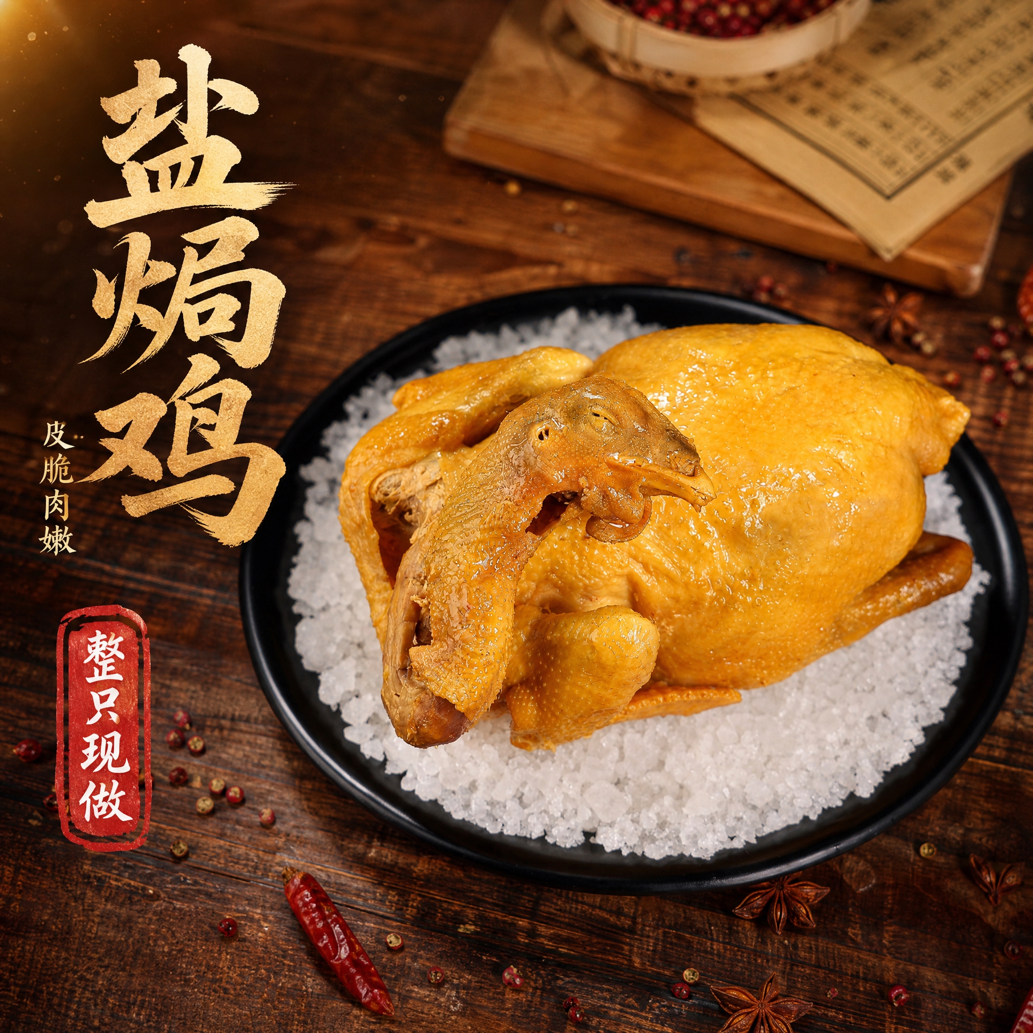 盐焗鸡美食海报，整只金黄油亮的盐焗鸡放在黑色圆盘粗盐上，鸡皮泛… - 图片创意预览