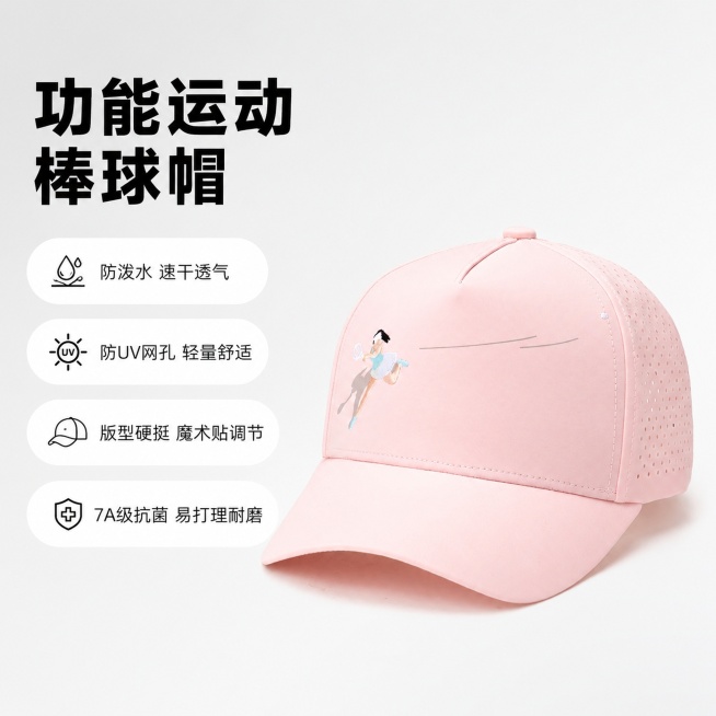 [单张主图] 粉色刺绣运动棒球帽电商主图，爆款促销感路线，同时展示产品外观与核心功能卖点。保持粉色棒球帽产品外观（物理结构、材质质感、颜色）与输入产品图绝对一致，杜绝任何变形和色差，精细化处理。主体为预览效果