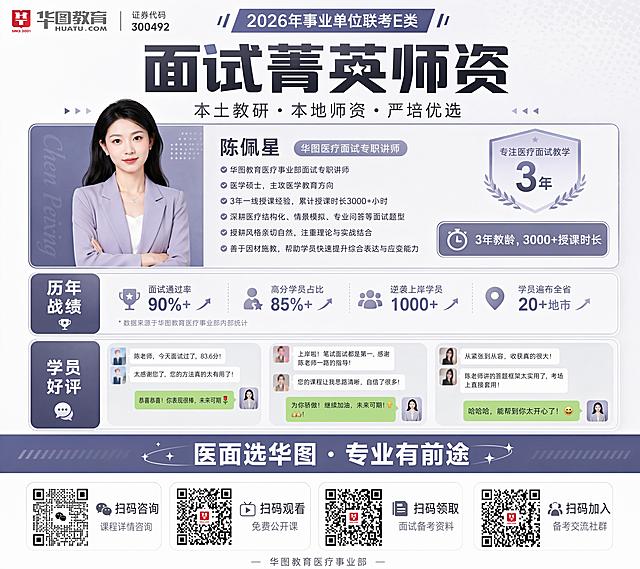 华图医疗事业单位联考E类面试师资介绍竖版海报，画面比例18:16。顶部包含"华图教育"logo与证券代码"300492"，上方标注"2026年事业单位联考E类"，主标题为"面试菁英师资"，副标题为"本土教研・本地师资・严培优选"，中部放置陈佩星老师职业正装肖像照，肖像照旁展示陈佩星老师个人介绍文字，下方配有标签"3年教龄，3000+授课时长"，再往下是历年战绩板块内容，然后放置3张学员好评聊天截图，底部是品牌slogan"医面选华图・专业有前途"，最底部排列4个带标注的功能二维码。要求：极简高级专业风，灰调低饱和配色，卡片式信息分区，专业亲和气质，符合20-30岁备考青年审美，矢量印刷级画质，所有文字清晰可辨识，高分辨率，商业运营海报质感，不删减任何核心信息，与前两套方案形成版式和色彩显著差异。