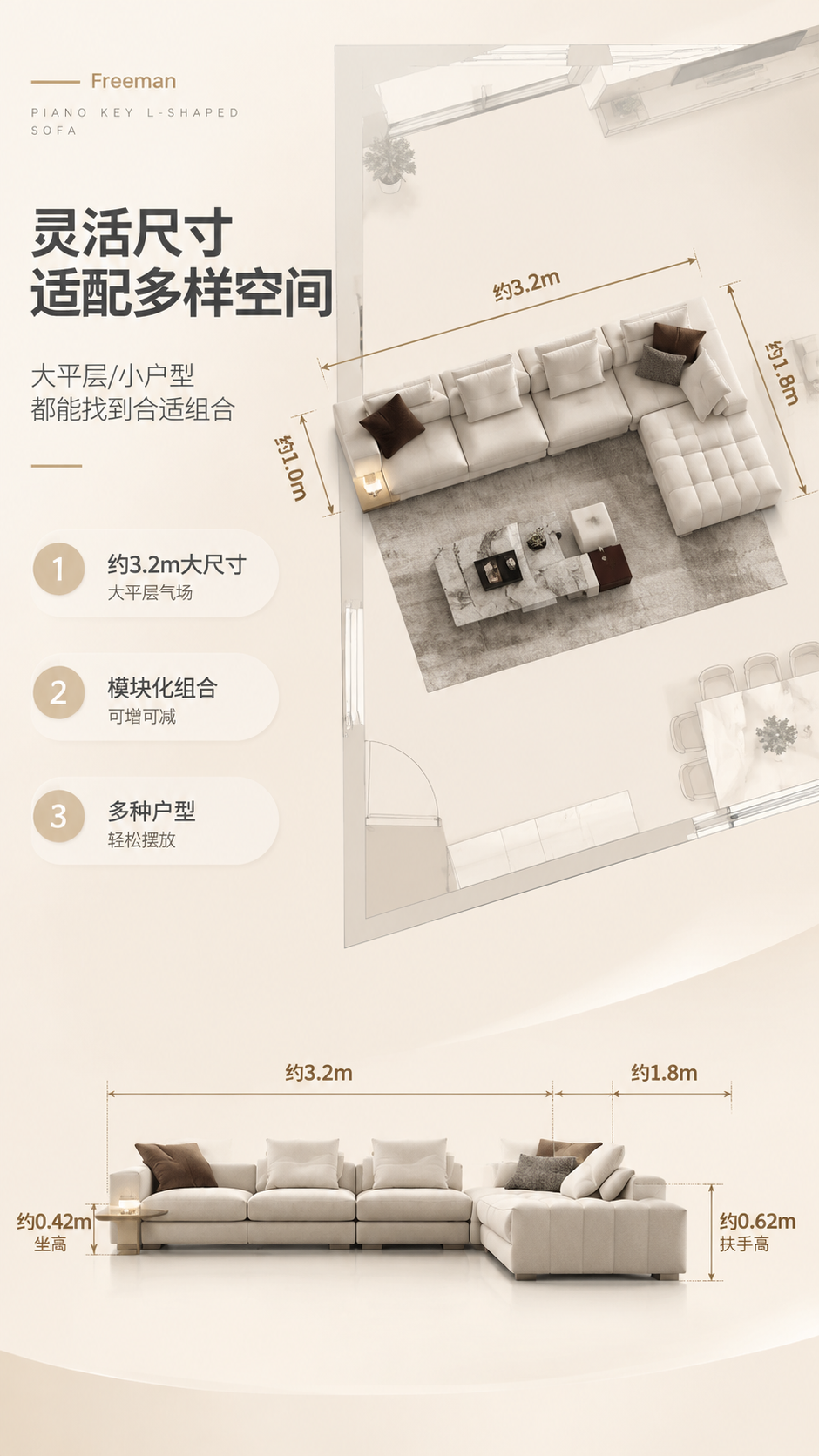 [商品] 使用【图1】Freeman钢琴键L型组合沙发；保留米… - 图片创意预览